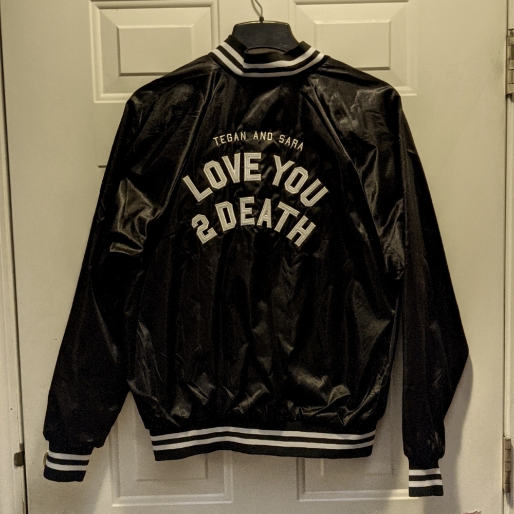 Tegan and Sara LOVE YOU 2 DEATH black satin varsity baseball bomber jacket, XL
